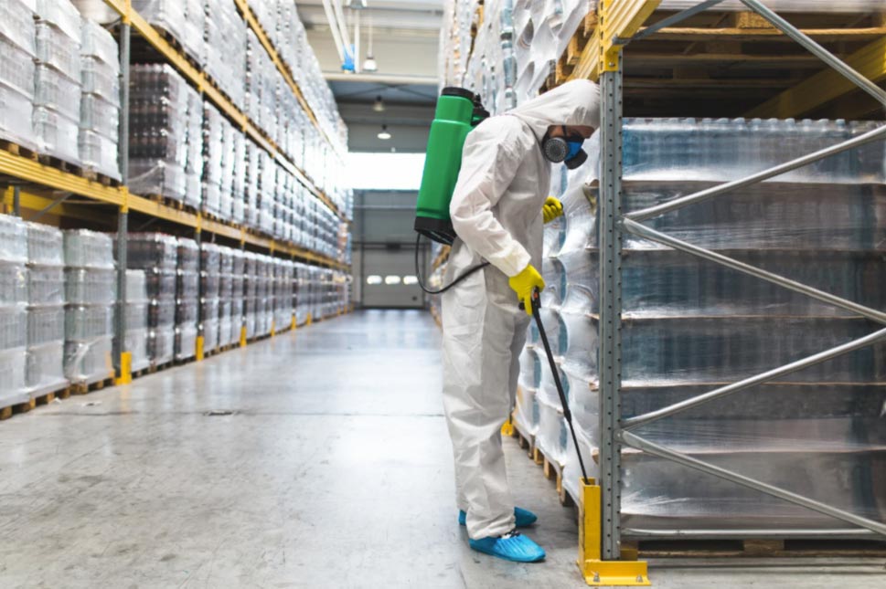 Person in protective suit spraying disinfectant in a warehouse beside stacked pallets of bottled water.