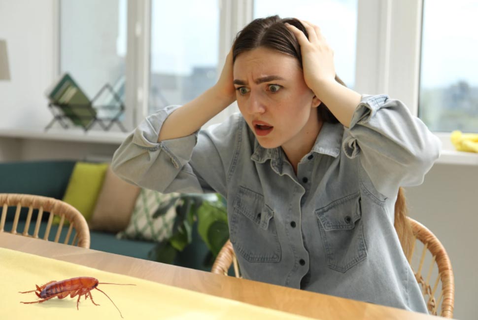 A shocked woman holds her head while looking at a large cockroach on the table in front of her.